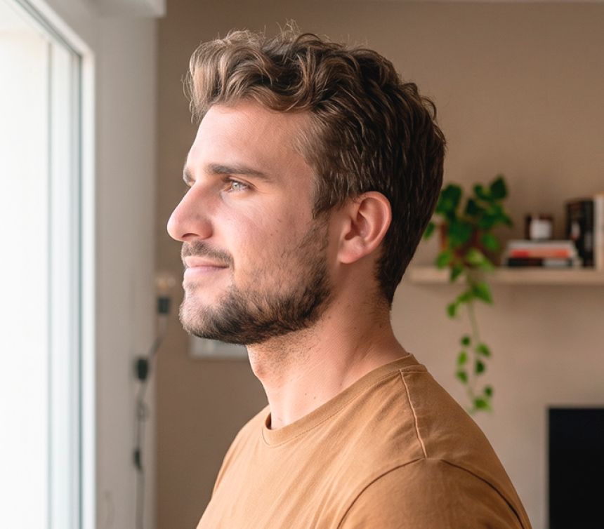 Man looking out a window in the Tirzepatide medical support hero
